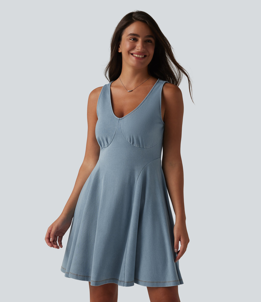 Denim V-neck Sleeveless Mini Draped Lyocell Washed Casual Flare Dress — Blue Jasper Denim — view 1