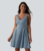 Denim V-neck Sleeveless Mini Draped Lyocell Washed Casual Flare Dress — Blue Jasper Denim — view 1