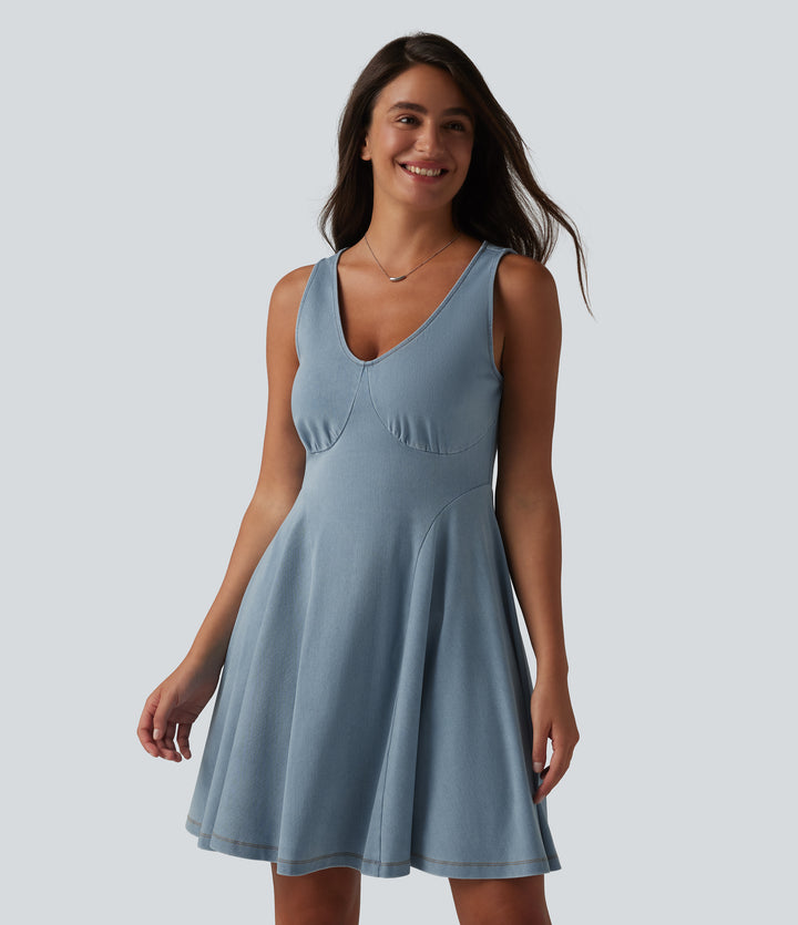 Denim V-neck Sleeveless Mini Draped Lyocell Washed Casual Flare Dress — Blue Jasper Denim — view 1