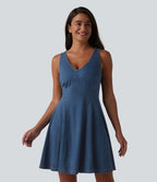 Denim V-neck Sleeveless Mini Draped Lyocell Washed Casual Flare Dress — Tide Blue Denim — view 6