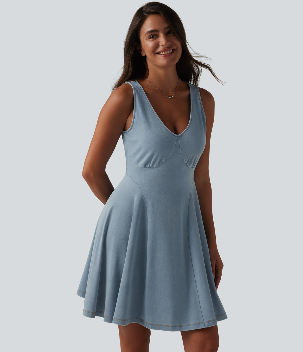 Denim V-neck Sleeveless Mini Draped Lyocell Washed Casual Flare Dress — Blue Jasper Denim — view 4