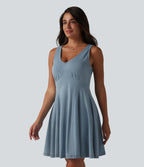 Denim V-neck Sleeveless Mini Draped Lyocell Washed Casual Flare Dress — Blue Jasper Denim — view 3