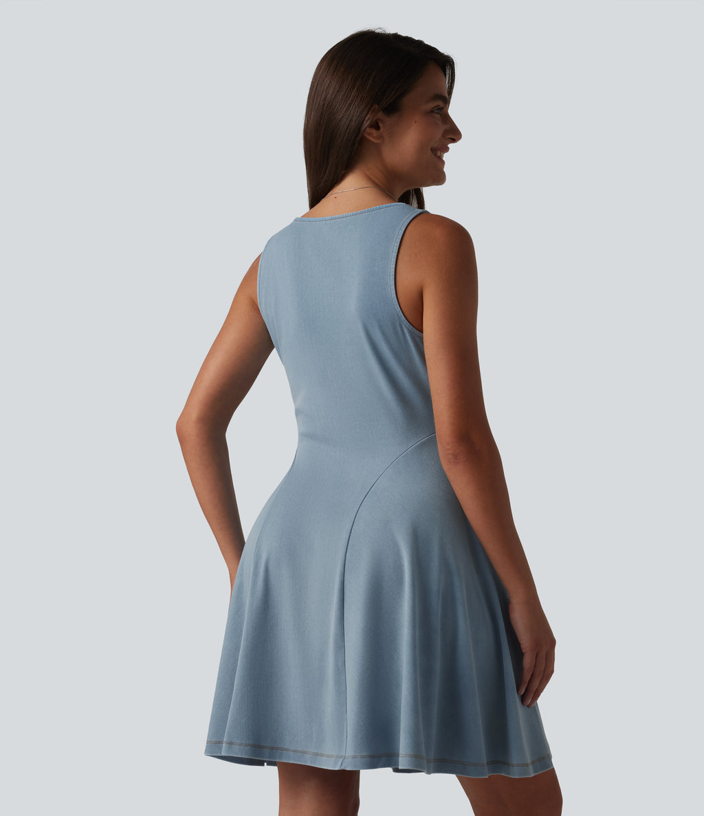Denim V-neck Sleeveless Mini Draped Lyocell Washed Casual Flare Dress — Blue Jasper Denim — view 2