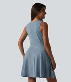 Denim V-neck Sleeveless Mini Draped Lyocell Washed Casual Flare Dress — Blue Jasper Denim — view 2