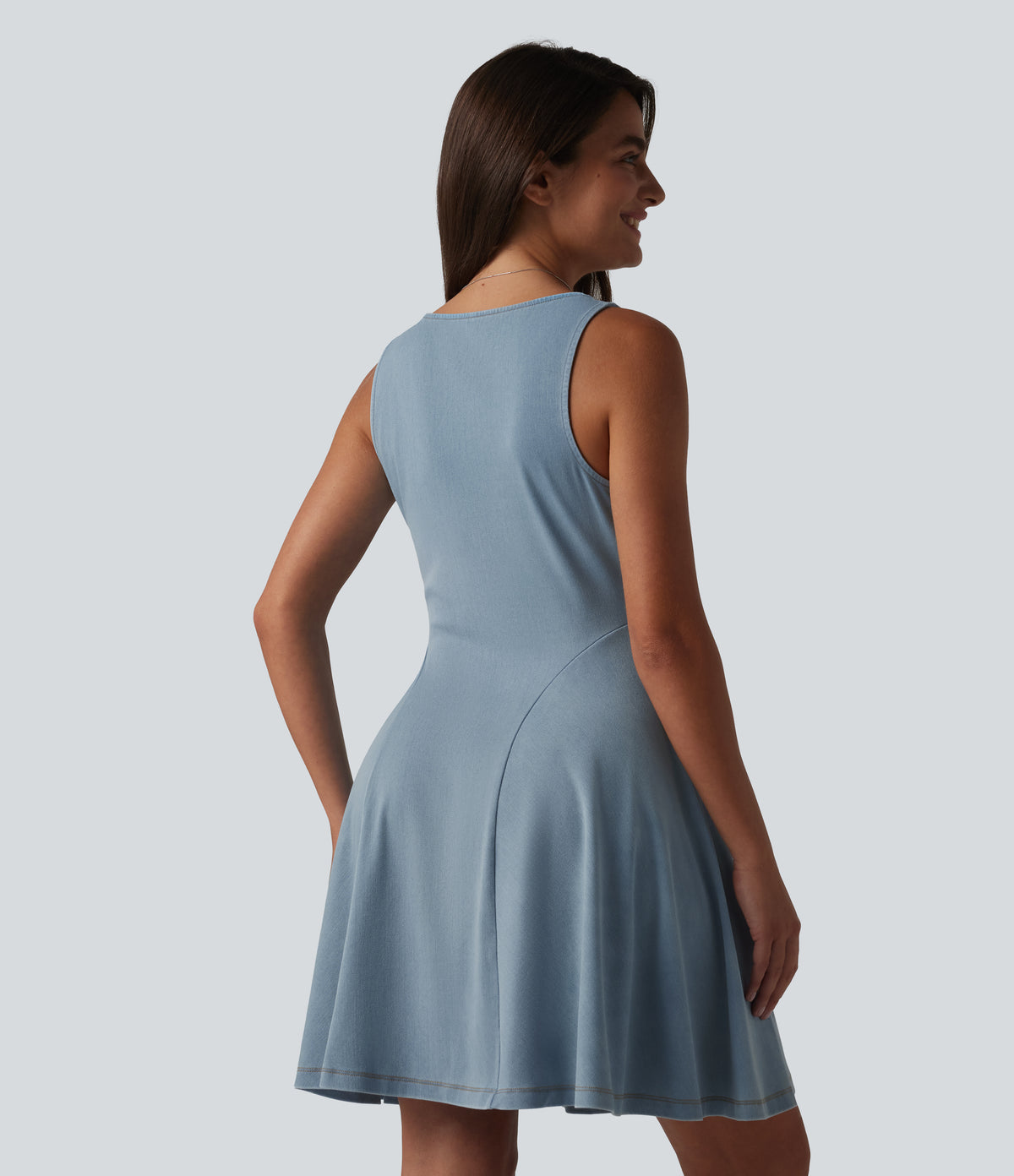 Denim V-neck Sleeveless Mini Draped Lyocell Washed Casual Flare Dress — Blue Jasper Denim — view 2