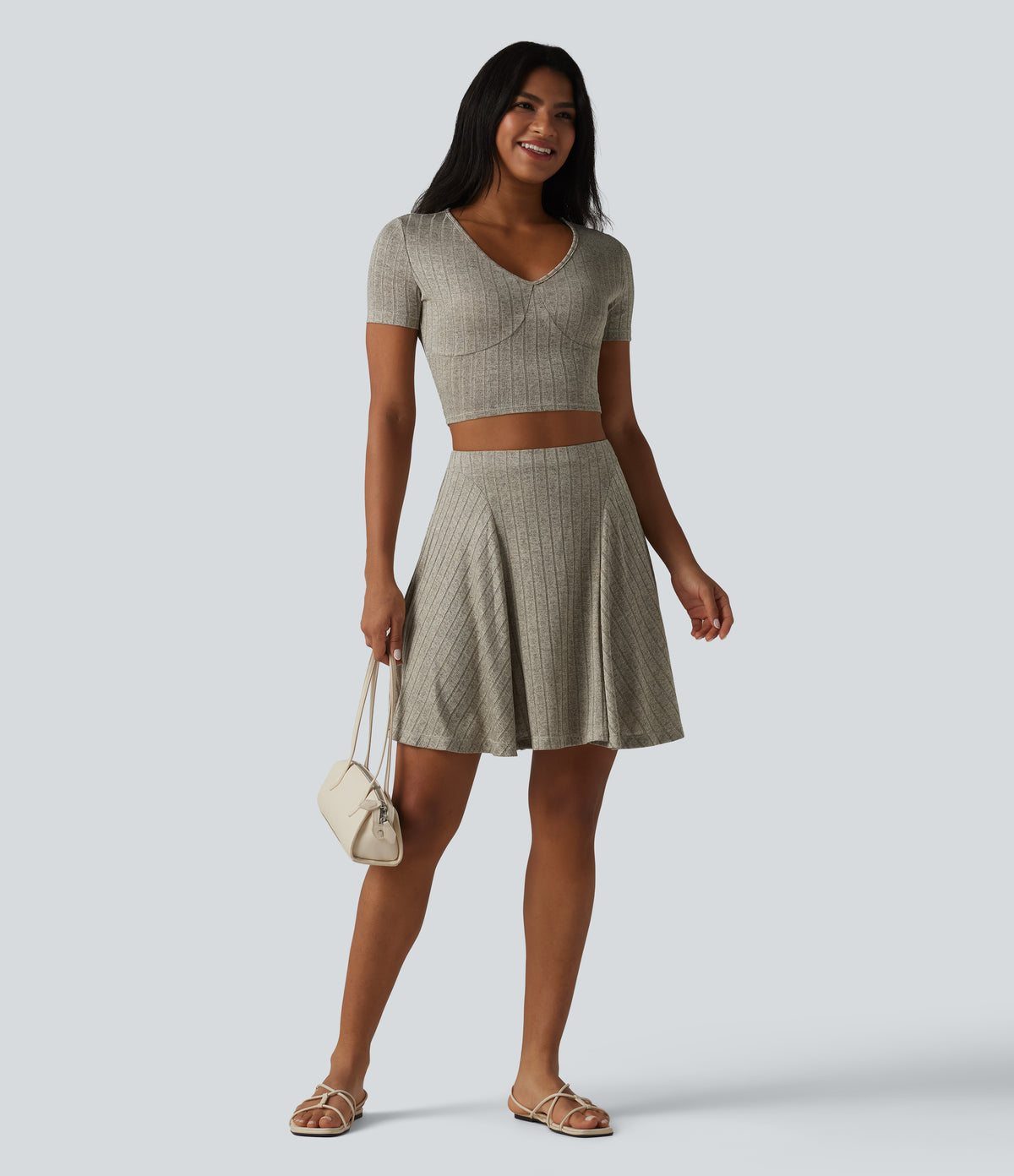 Ribbed Knit V Neck Short Sleeve Cropped Casual T-Shirt — Warm Grey Floral Velvet — view 5