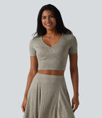 Ribbed Knit V Neck Short Sleeve Cropped Casual T-Shirt — Warm Grey Floral Velvet — view 4