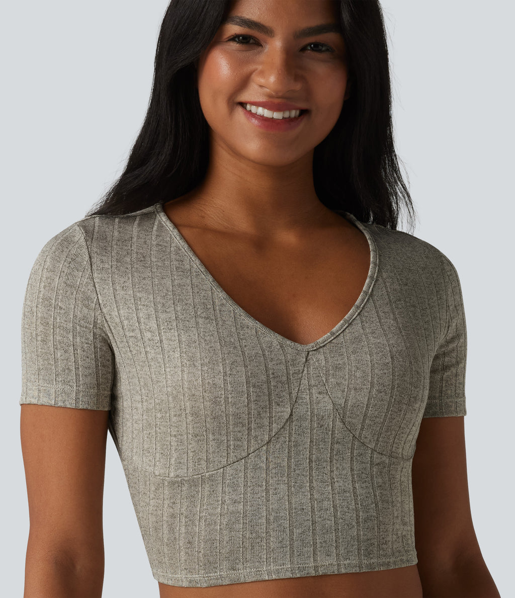 Ribbed Knit V Neck Short Sleeve Cropped Casual T-Shirt — Warm Grey Floral Velvet — view 1