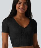 Ribbed Knit V Neck Short Sleeve Cropped Casual T-Shirt — Black — view 6