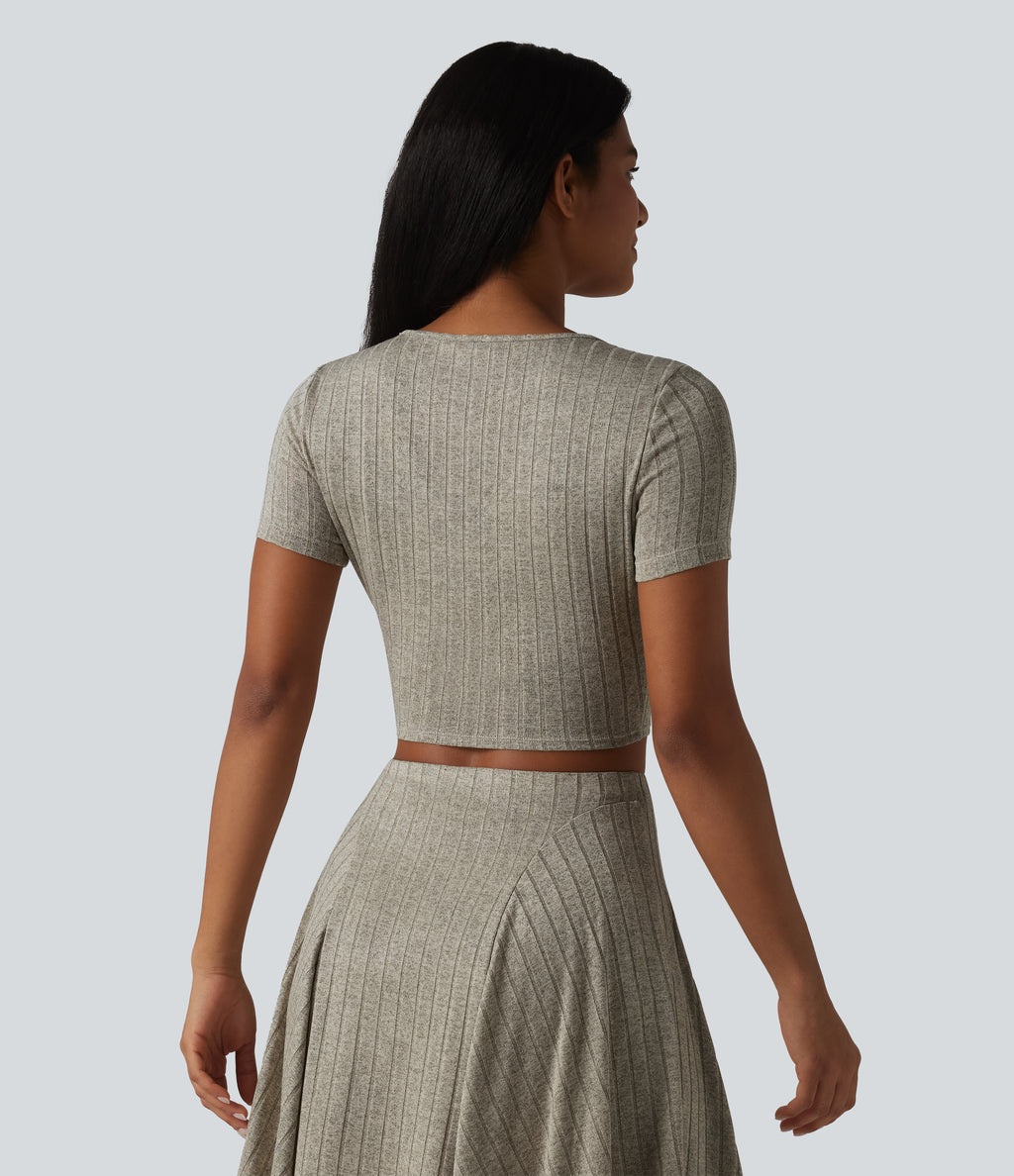 Ribbed Knit V Neck Short Sleeve Cropped Casual T-Shirt — Warm Grey Floral Velvet — view 2