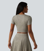 Ribbed Knit V Neck Short Sleeve Cropped Casual T-Shirt — Warm Grey Floral Velvet — view 2