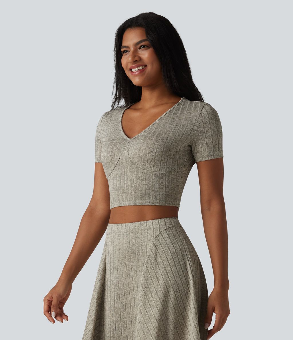 Ribbed Knit V Neck Short Sleeve Cropped Casual T-Shirt — Warm Grey Floral Velvet — view 3