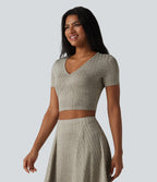 Ribbed Knit V Neck Short Sleeve Cropped Casual T-Shirt — Warm Grey Floral Velvet — view 3