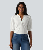 Henley Neck Puff Half Sleeve Casual Blouse — Bluewash — view 4