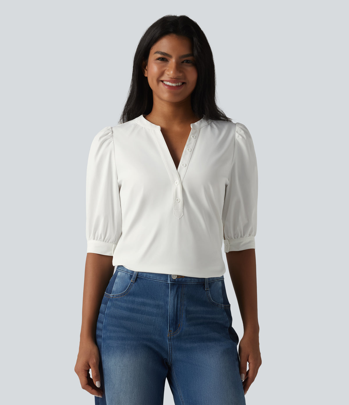Henley Neck Puff Half Sleeve Casual Blouse — Bluewash — view 4