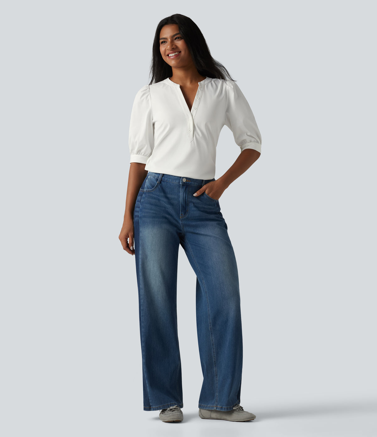 Henley Neck Puff Half Sleeve Casual Blouse — Bluewash — view 7