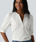 Henley Neck Puff Half Sleeve Casual Blouse — Bluewash — view 1