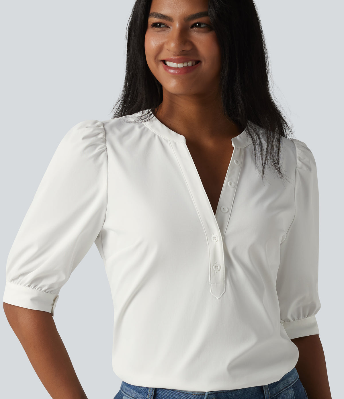 Henley Neck Puff Half Sleeve Casual Blouse — Bluewash — view 1