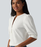 Henley Neck Puff Half Sleeve Casual Blouse — Bluewash — view 5