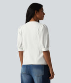 Henley Neck Puff Half Sleeve Casual Blouse — Bluewash — view 2