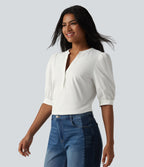 Henley Neck Puff Half Sleeve Casual Blouse — Bluewash — view 3
