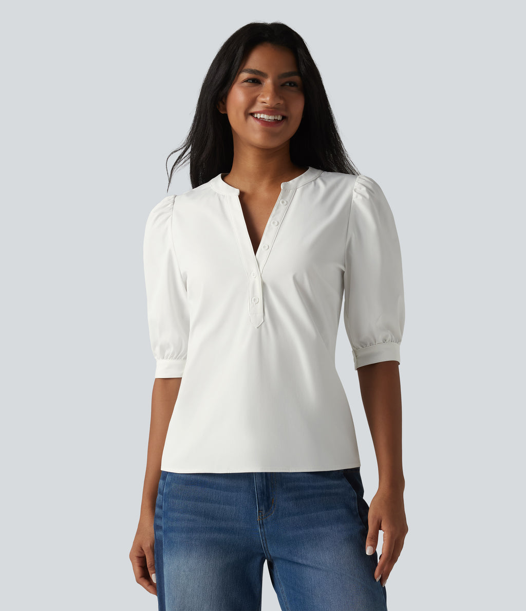 Henley Neck Puff Half Sleeve Casual Blouse — Bluewash — view 6