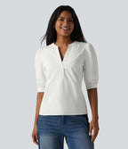 Henley Neck Puff Half Sleeve Casual Blouse — Bluewash — view 6