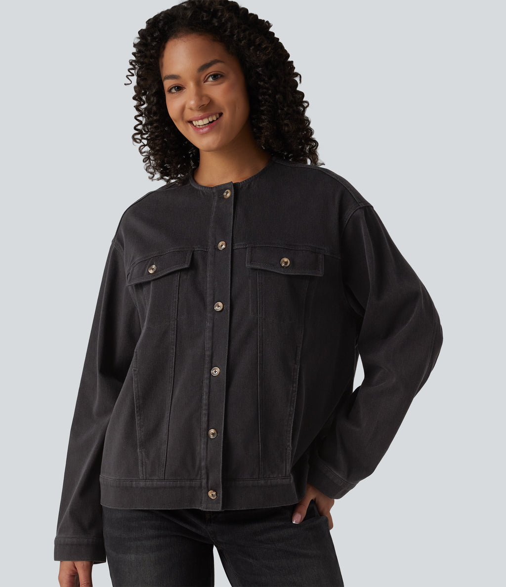 Round Neck Long Sleeve Denim Casual Jacket with Pockets — Phantom Denim — view 5