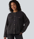Round Neck Long Sleeve Denim Casual Jacket with Pockets — Phantom Denim — view 5