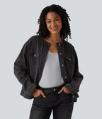 Round Neck Long Sleeve Denim Casual Jacket with Pockets — Phantom Denim — view 1