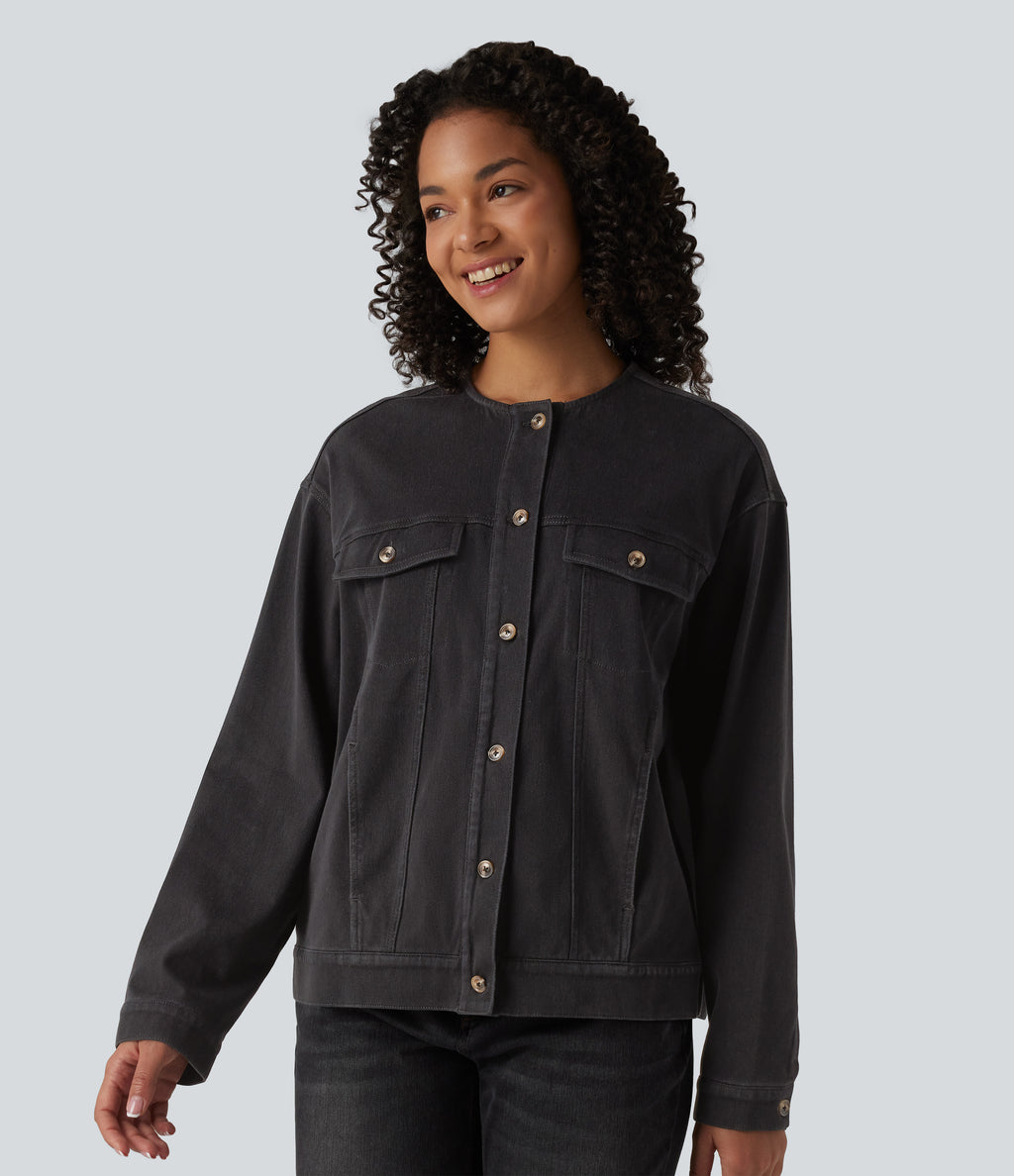 Round Neck Long Sleeve Denim Casual Jacket with Pockets — Phantom Denim — view 4