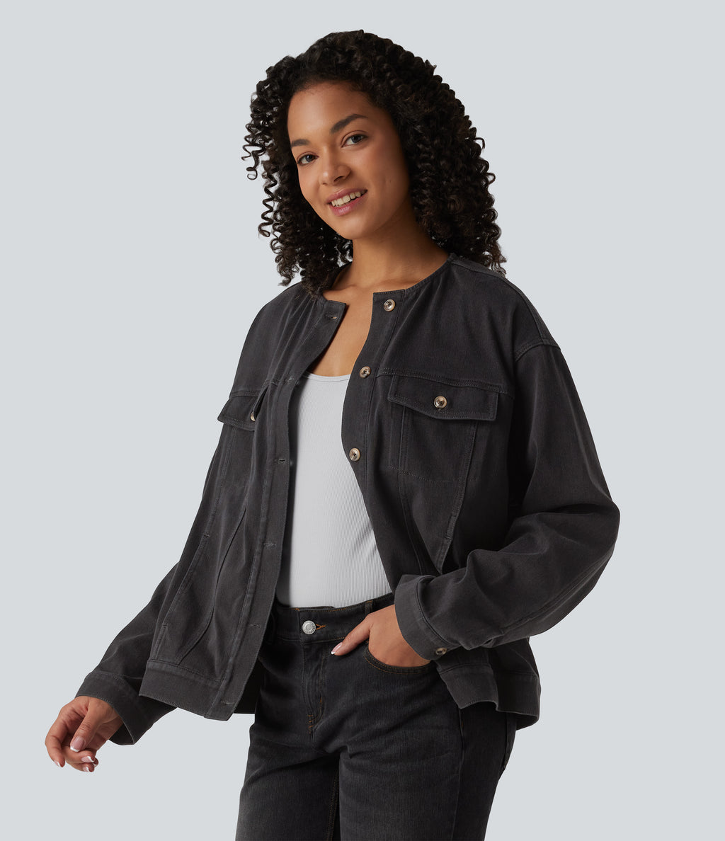 Round Neck Long Sleeve Denim Casual Jacket with Pockets — Phantom Denim — view 3