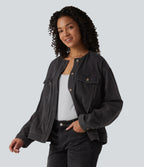 Round Neck Long Sleeve Denim Casual Jacket with Pockets — Phantom Denim — view 3