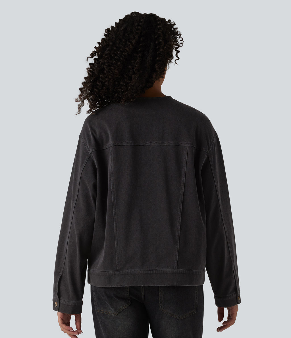 Round Neck Long Sleeve Denim Casual Jacket with Pockets — Phantom Denim — view 2