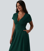 V-neck Batwing Short Sleeve Midi Casual Dress with Pockets — Evergreen — view 4
