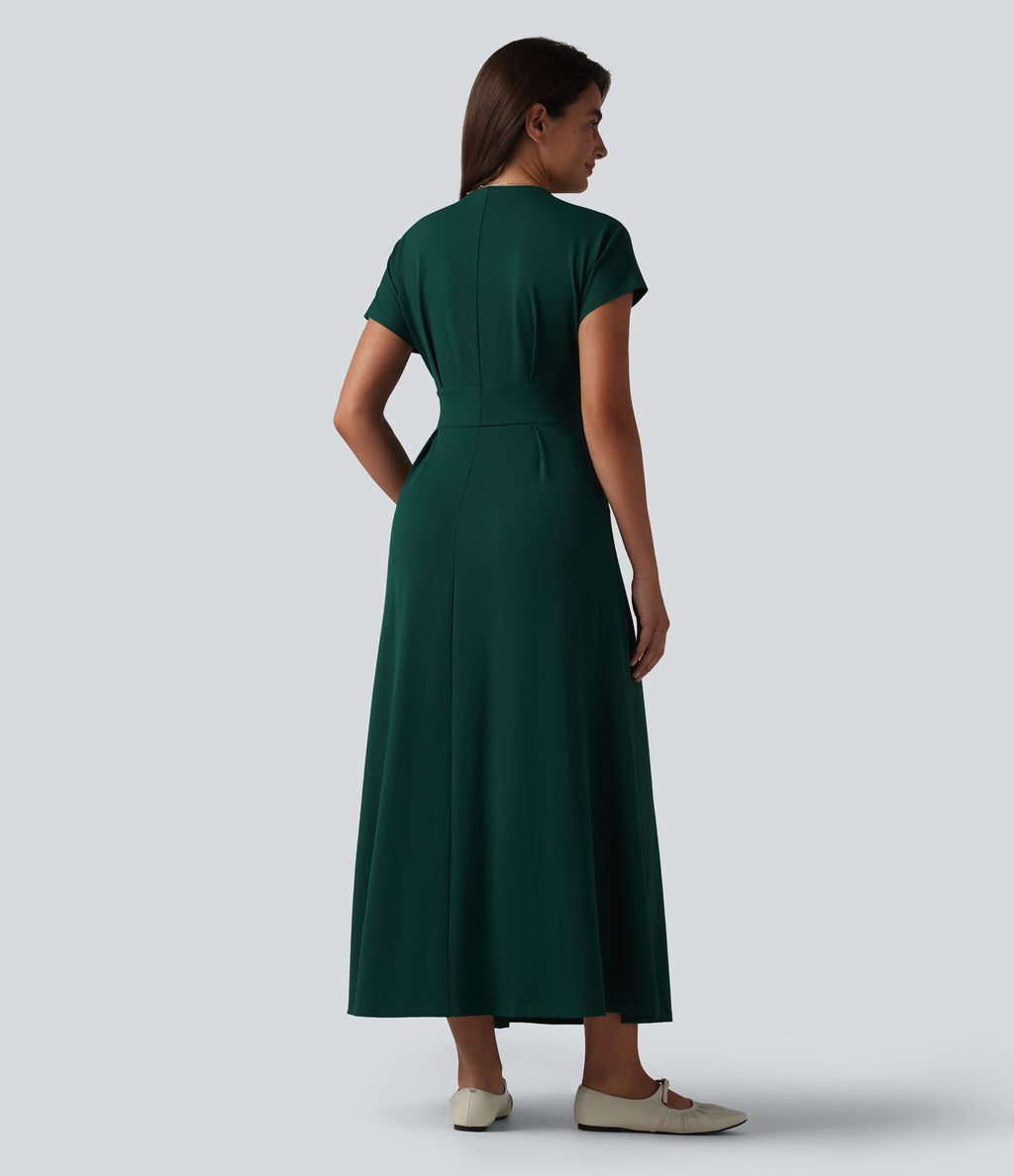 V-neck Batwing Short Sleeve Midi Casual Dress with Pockets — Evergreen — view 2