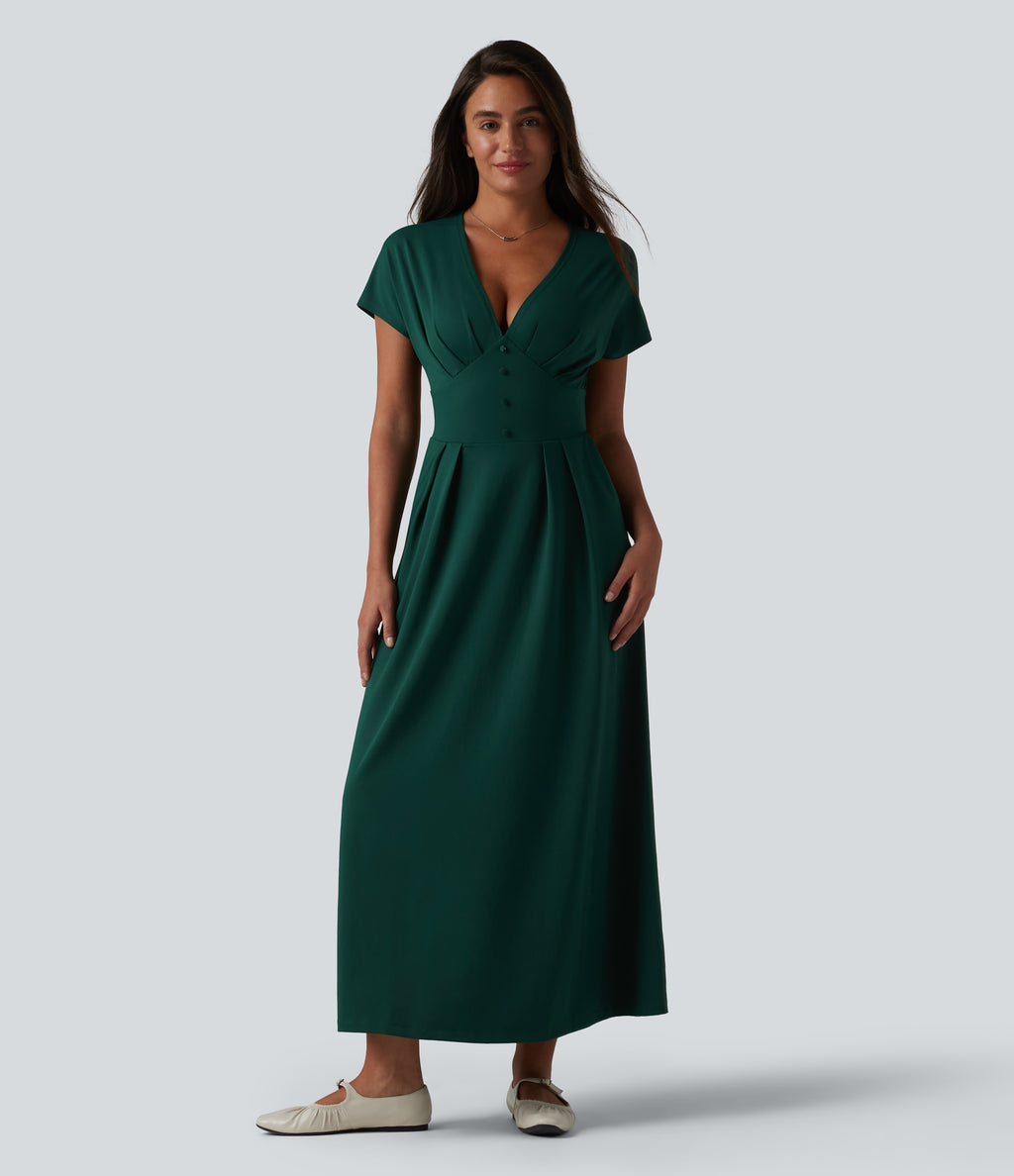 V-neck Batwing Short Sleeve Midi Casual Dress with Pockets — Evergreen — view 1