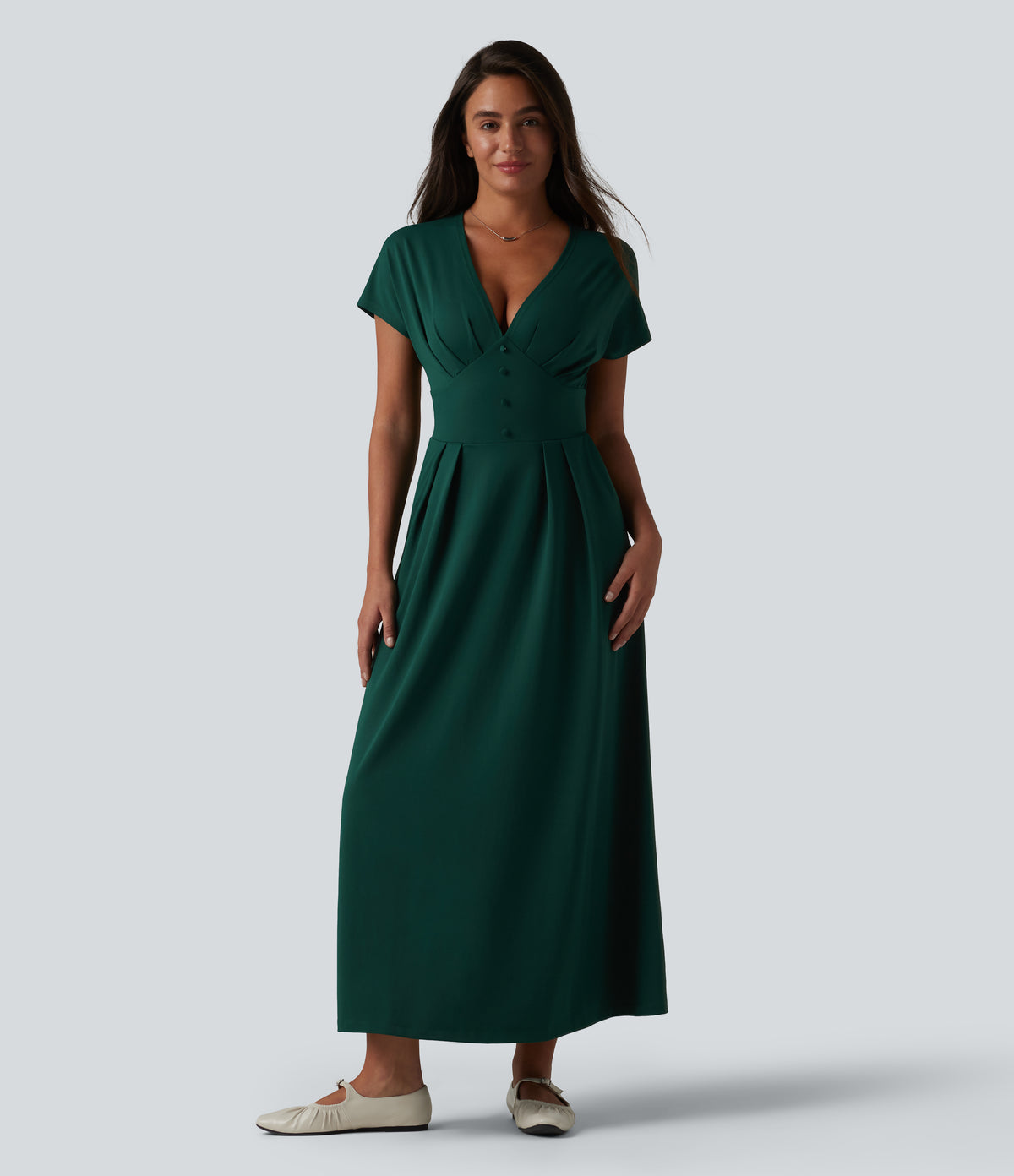 V-neck Batwing Short Sleeve Midi Casual Dress with Pockets — Evergreen — view 1