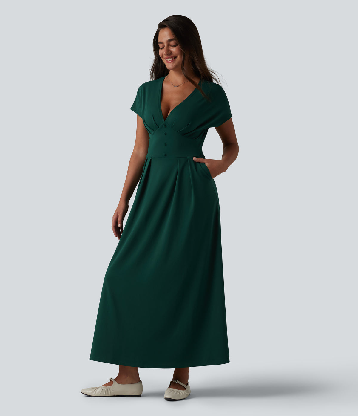 V-neck Batwing Short Sleeve Midi Casual Dress with Pockets — Evergreen — view 3