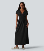 V-neck Batwing Short Sleeve Midi Casual Dress with Pockets — Black — view 6