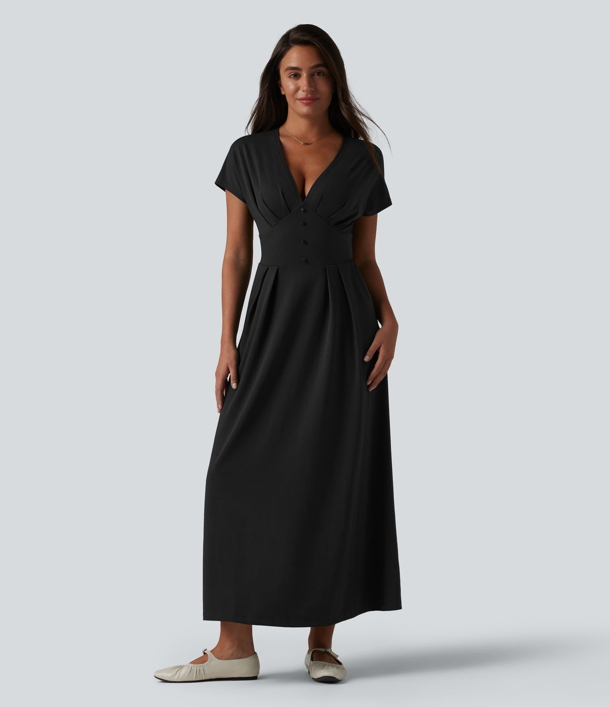 V-neck Batwing Short Sleeve Midi Casual Dress with Pockets — Black — view 6