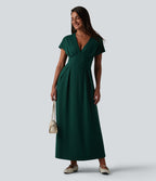 V-neck Batwing Short Sleeve Midi Casual Dress with Pockets — Evergreen — view 5