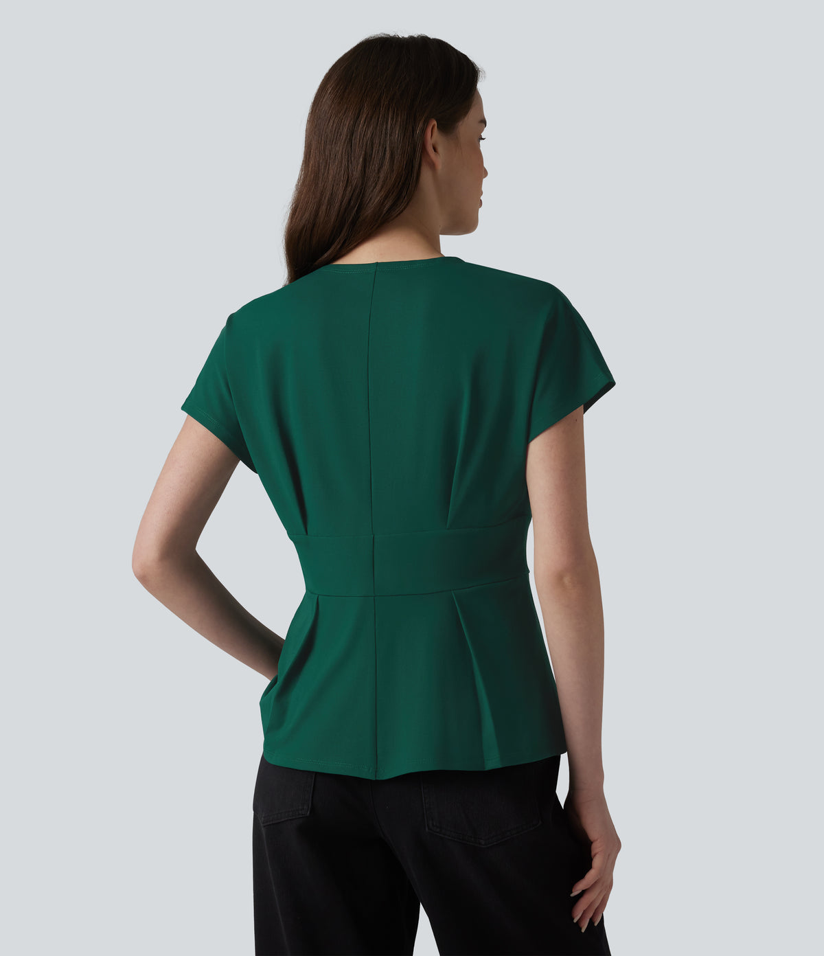 V-neck Batwing Short Sleeve Pleated Casual Peplum Top — Evergreen — view 2