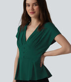 V-neck Batwing Short Sleeve Pleated Casual Peplum Top — Evergreen — view 1