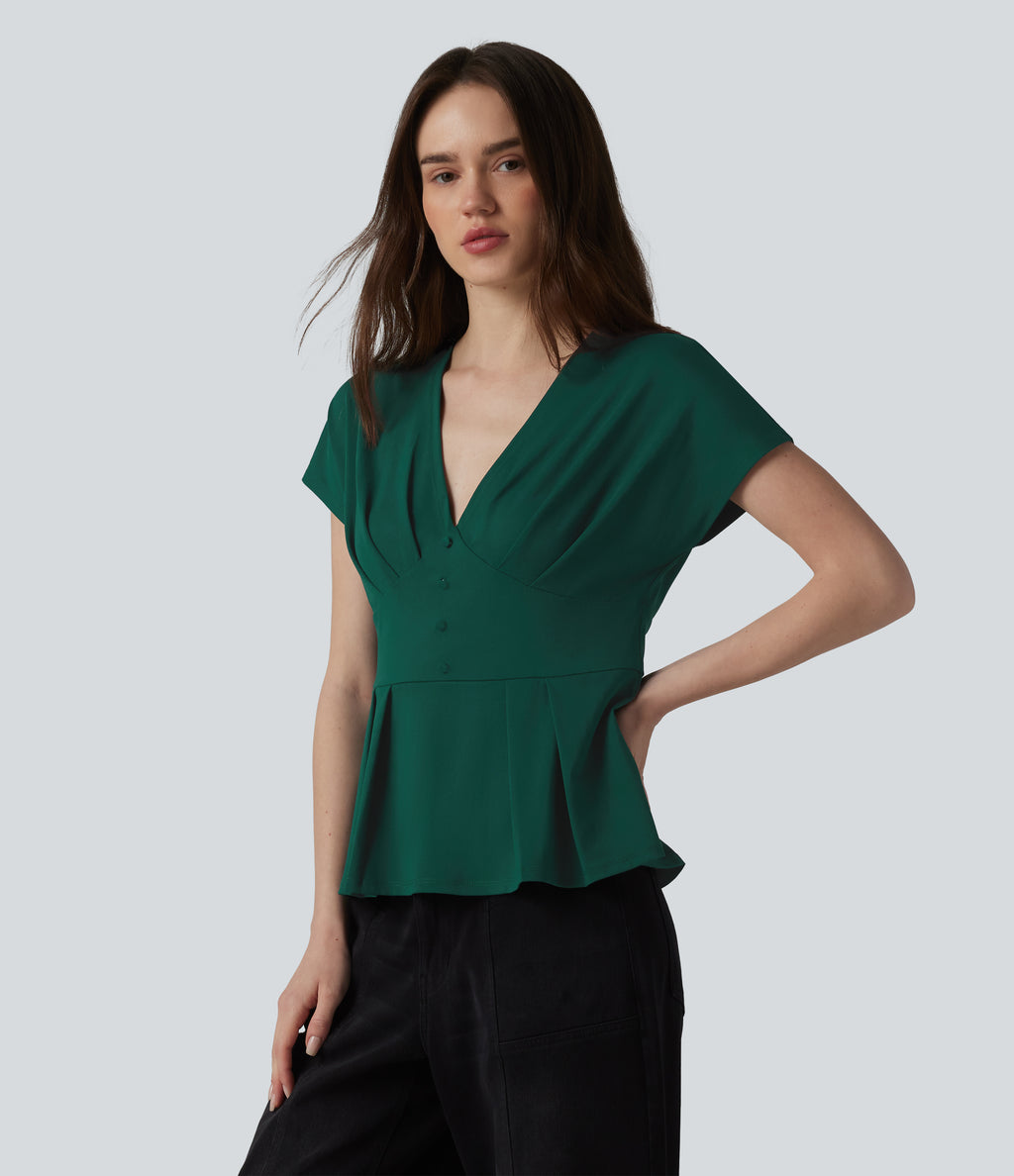 V-neck Batwing Short Sleeve Pleated Casual Peplum Top — Evergreen — view 4