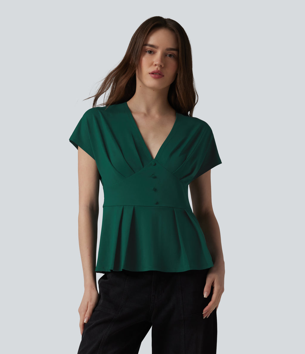 V-neck Batwing Short Sleeve Pleated Casual Peplum Top — Evergreen — view 3
