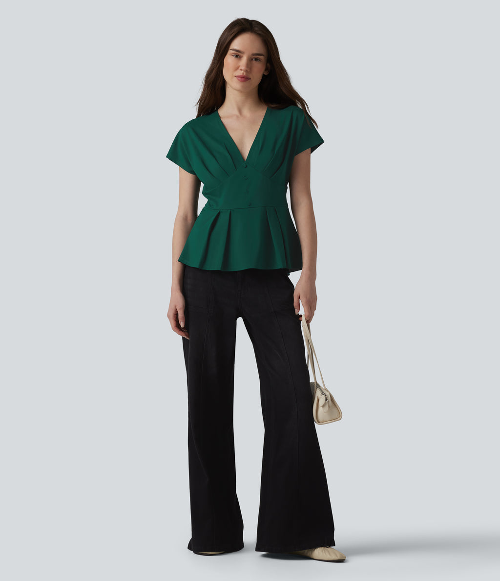 V-neck Batwing Short Sleeve Pleated Casual Peplum Top — Evergreen — view 5