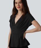 V-neck Batwing Short Sleeve Pleated Casual Peplum Top — Black — view 6