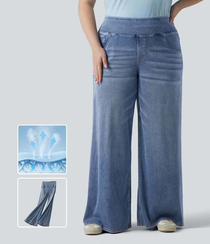 Plus Size Mid Rise Draped Lyocell Washed Baggy Casual Jeans with Pockets — Blue Jasper Denim — view 1