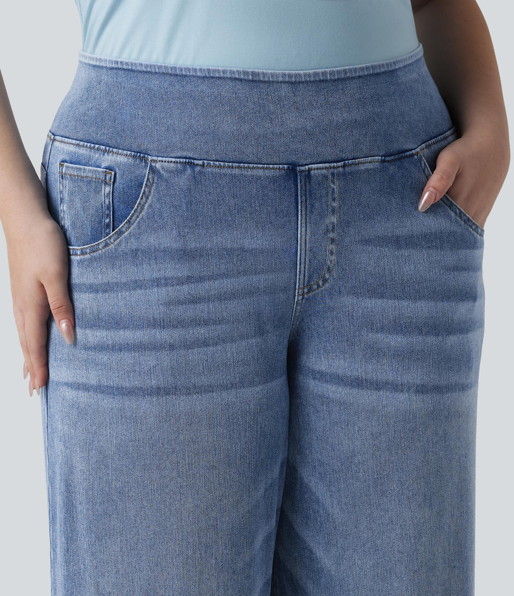 Plus Size Mid Rise Draped Lyocell Washed Baggy Casual Jeans with Pockets — Blue Jasper Denim — view 5